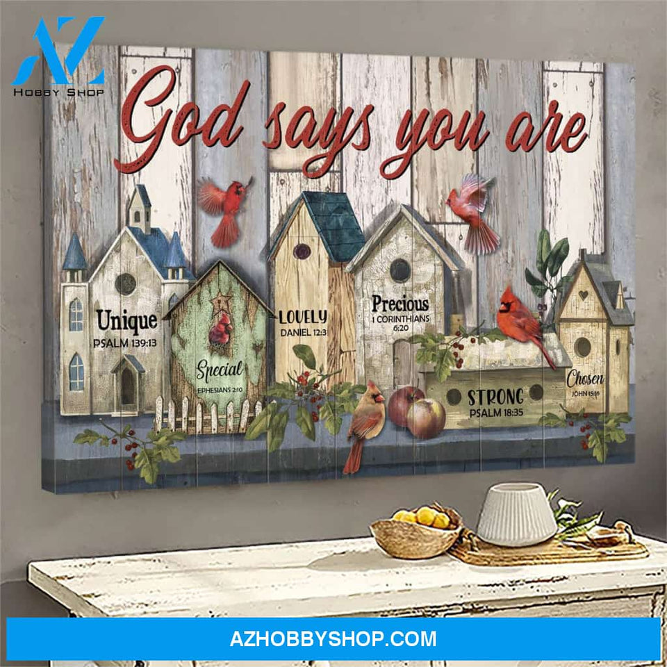 Cardinal and birdhouses - God says you are Jesus Landscape Canvas Print - Wall Art