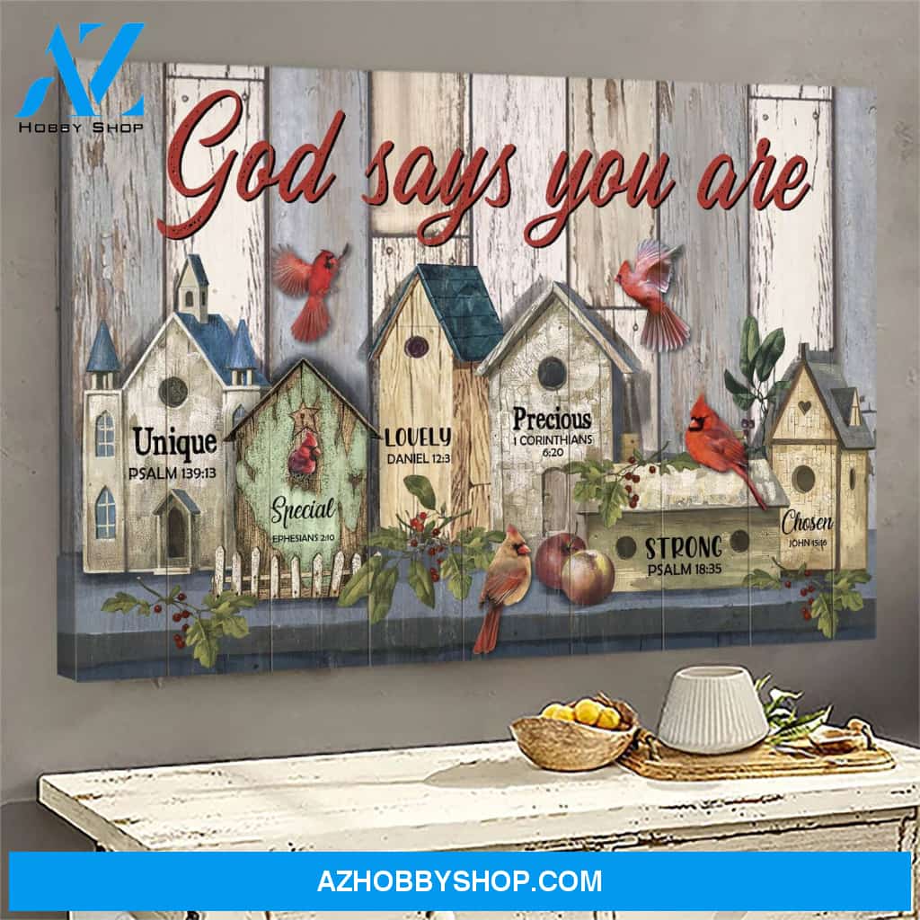 Cardinal and birdhouses - God says you are Jesus Landscape Canvas Print - Wall Art