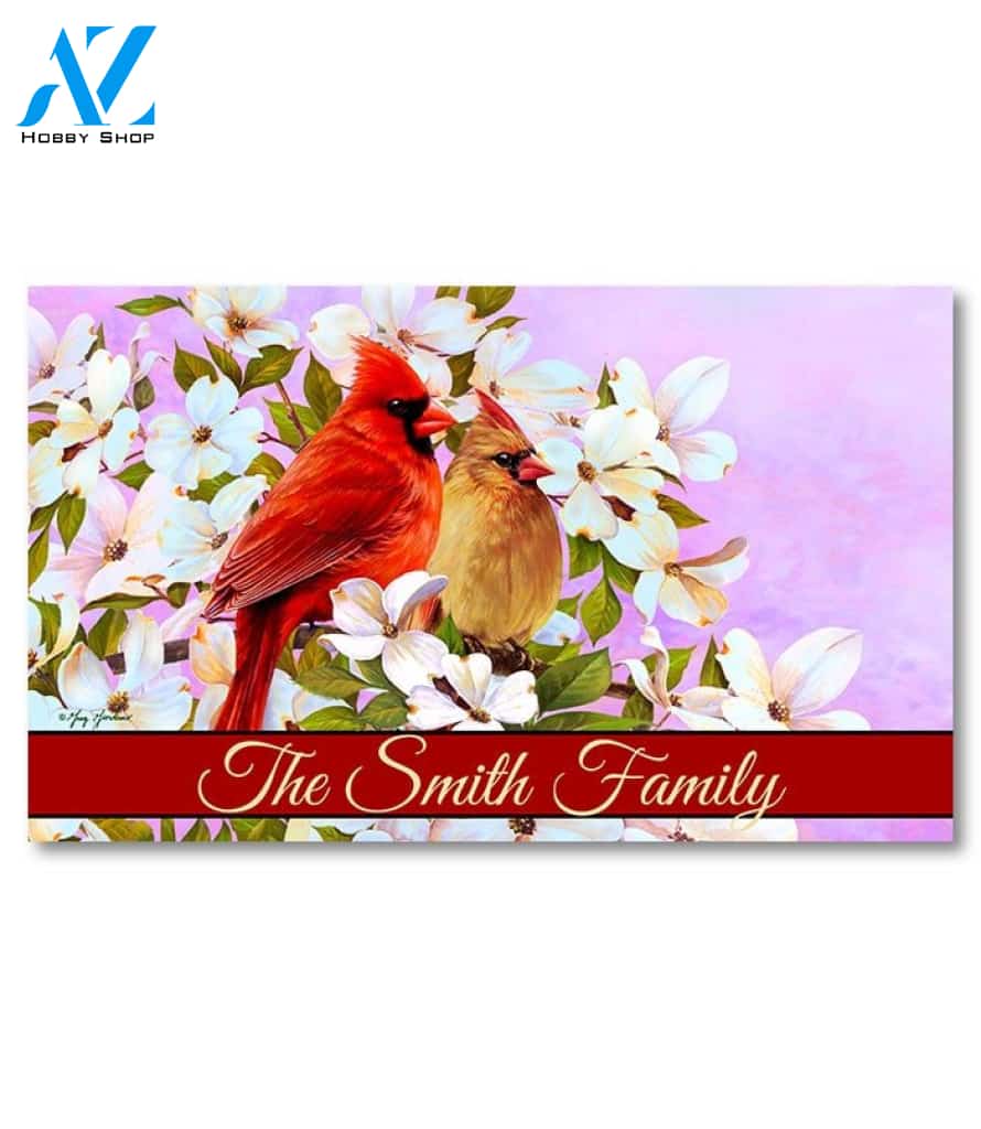 Cardinal Pair & Dogwood Personalized Doormat - 18" x 30"