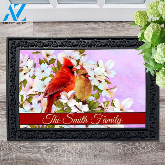 Cardinal Pair & Dogwood Personalized Doormat - 18" x 30"