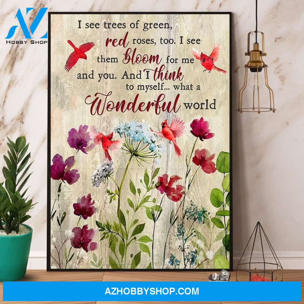 Cardinal What A Wonderful World I See Tree Of Green Canvas And Poster, Wall Decor Visual Art