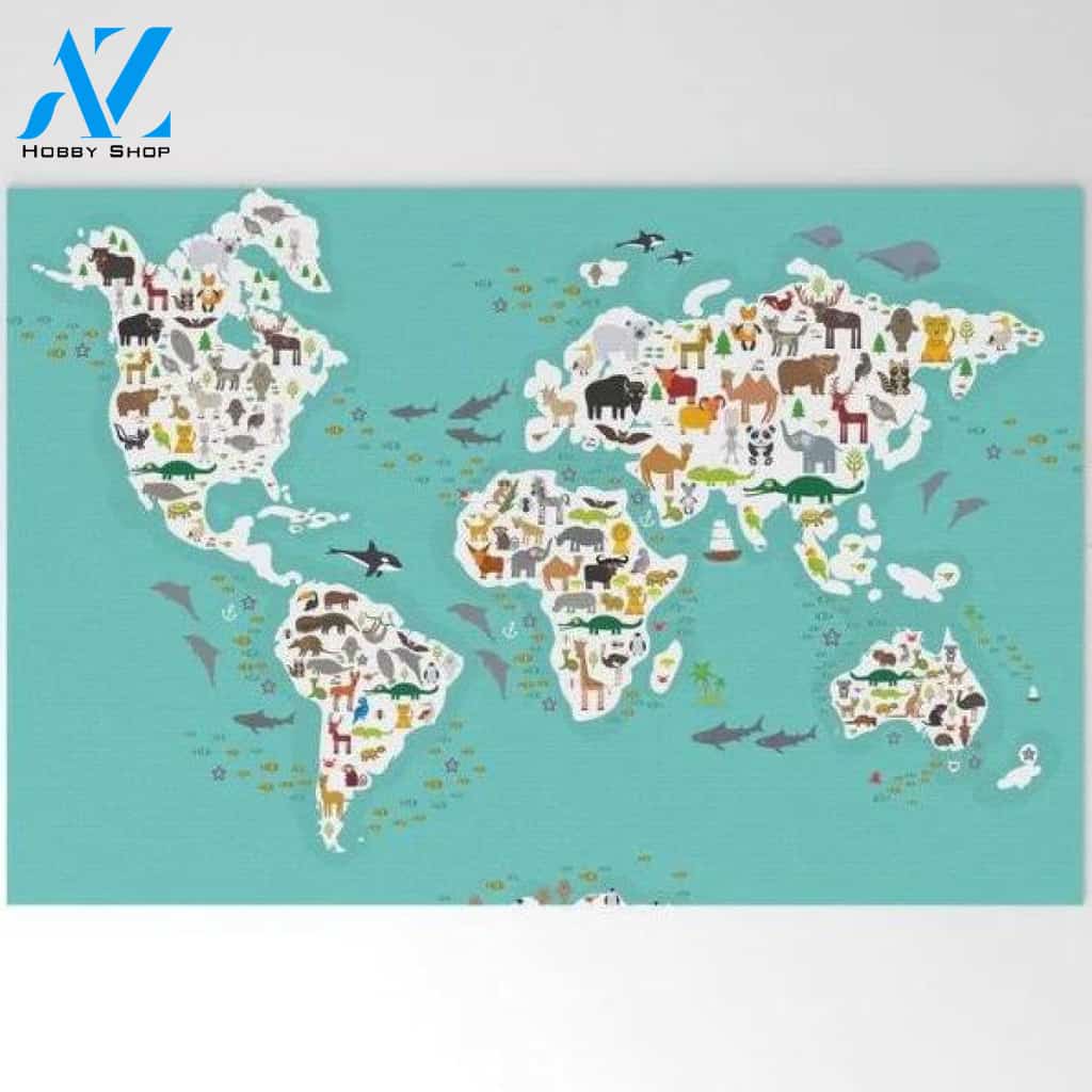 Cartoon Animal World Map Funny Indoor And Outdoor Doormat Warm House Gift Welcome Mat Birthday Gift For Kids Student Class Teacher School