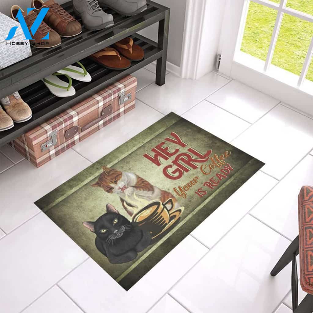 Cat And Coffee Are Ready Printed Doormat Home Decor