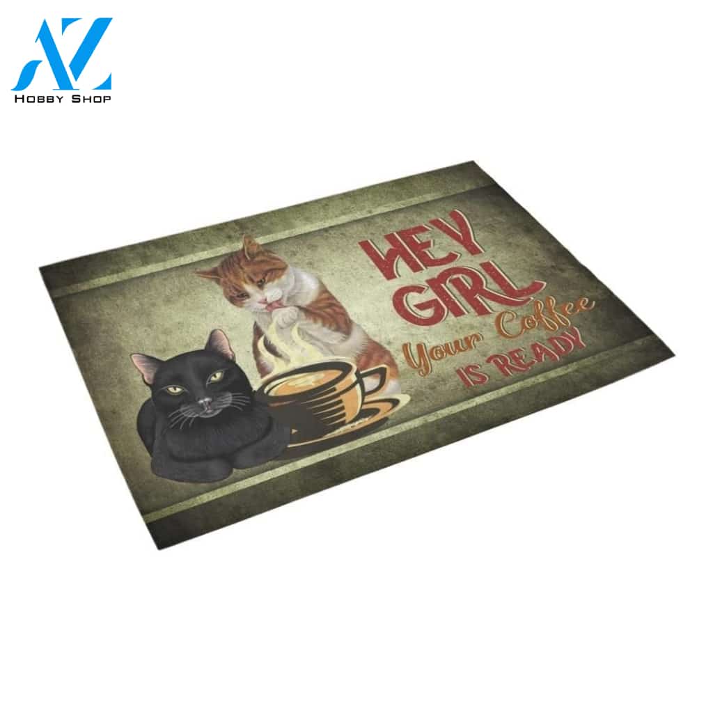 Cat And Coffee Are Ready Printed Doormat Home Decor
