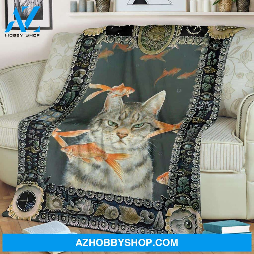 Cat And Goldfish Fleece Blanket Gift For Cat Lovers Gift For Friend Gift For Family Birthday Gift Home Decor Bedding Couch Sofa Soft And Comfy Cozy