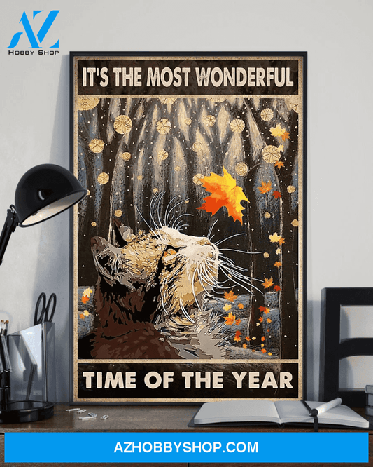 Cat Autumn Poster It's The Most Wonderful Time Of The Year Vintage Poster Canvas, Wall Decor Visual Art