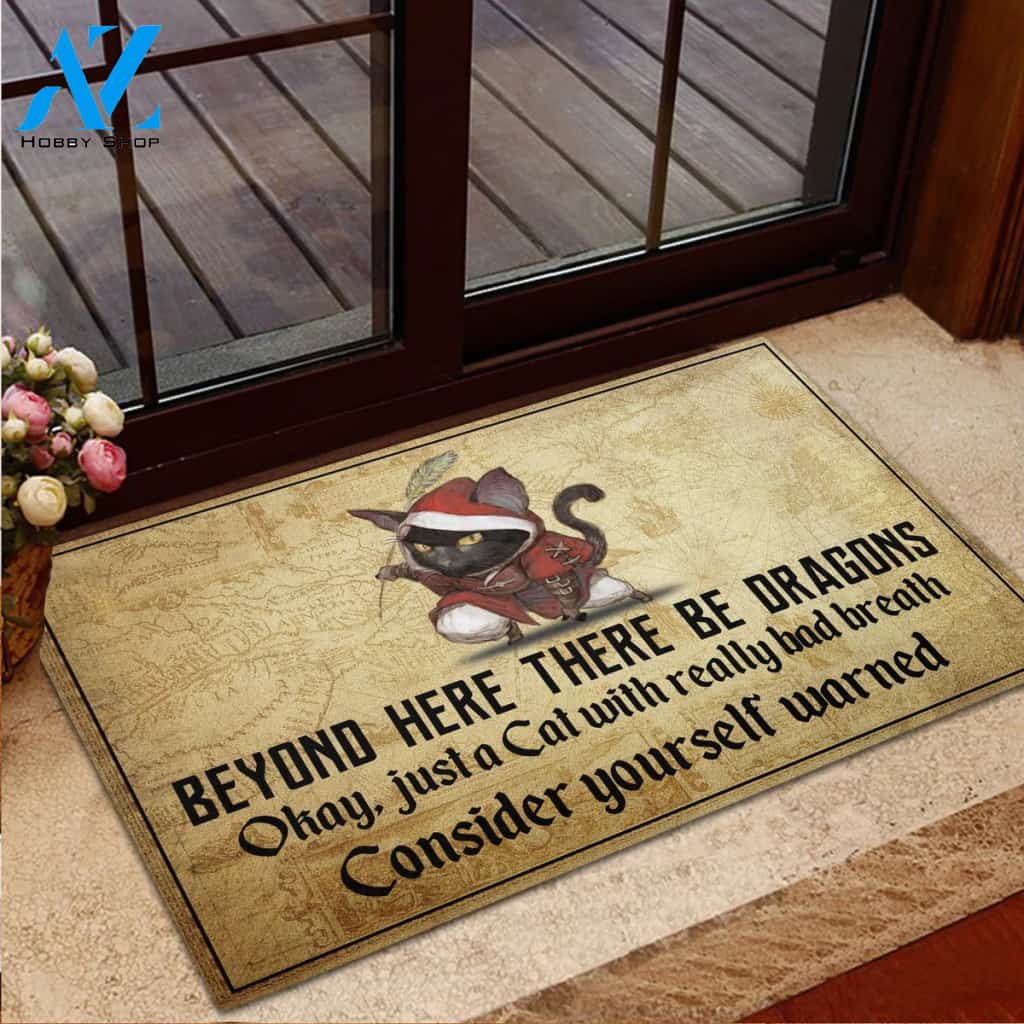 Cat Beyond Here There Be Dragons Doormat