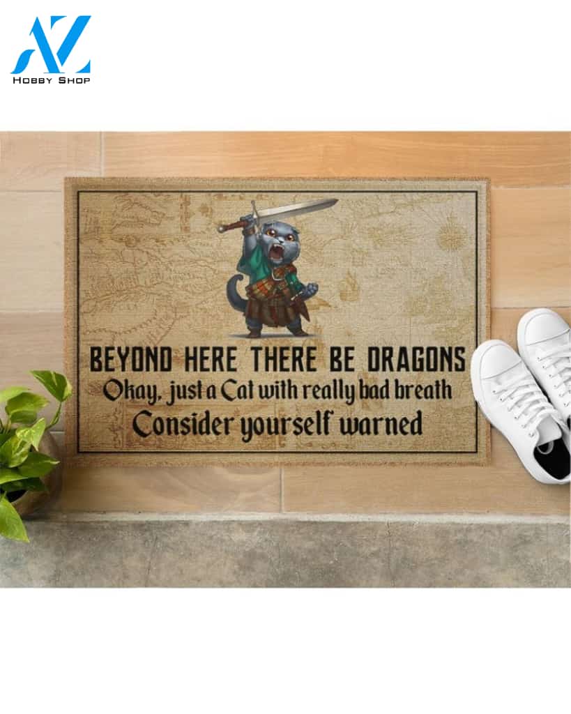 Cat beyond here there be dragons doormat