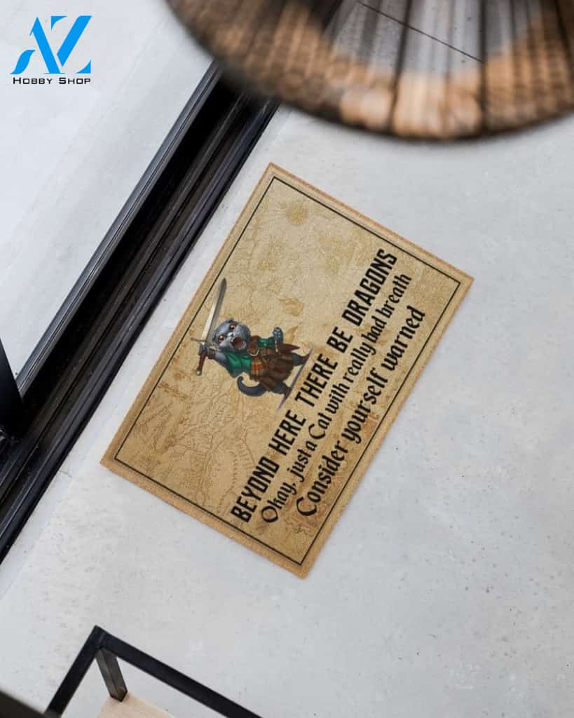 Cat beyond here there be dragons doormat