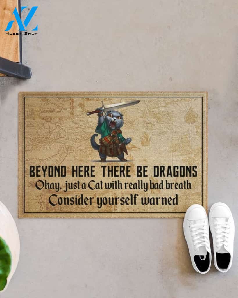 Cat beyond here there be dragons doormat
