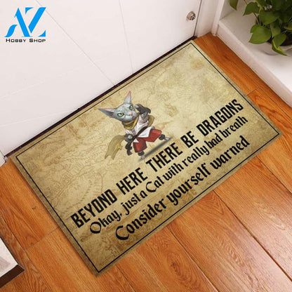 Cat Beyond Here There Be Dragons Rubber Base Doormat