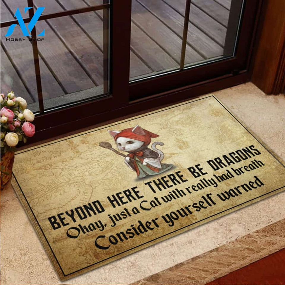 Cat Beyond Here There Be Dragons Rubber Base Doormat