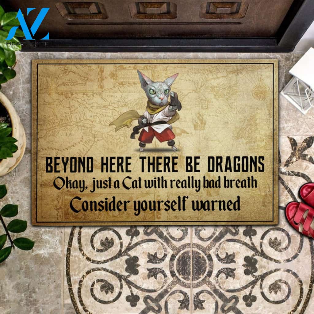 Cat Beyond Here There Be Dragons Rubber Base Doormat