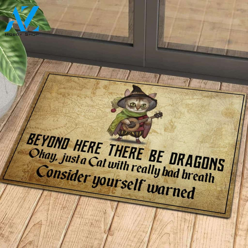 Cat Beyond Here There Be Dragons Rubber Base Doormat