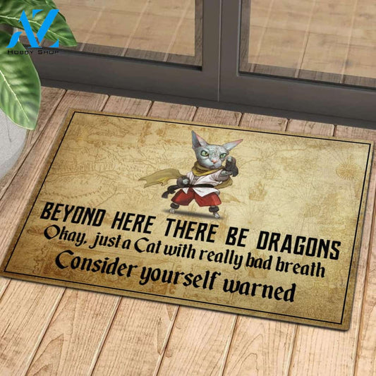 Cat Beyond Here There Be Dragons Rubber Base Doormat
