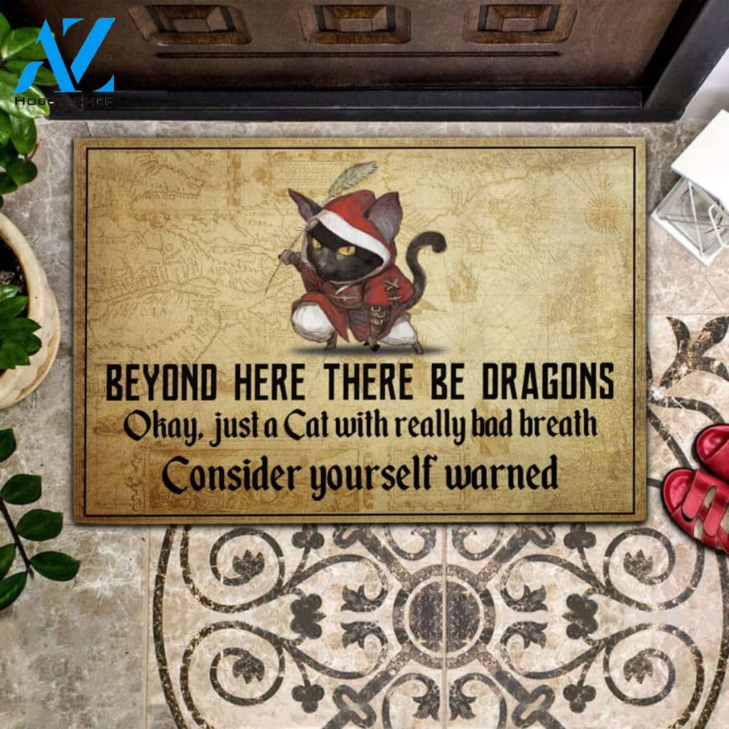 Cat Beyond Here There Be Dragons Rubber Base Doormat