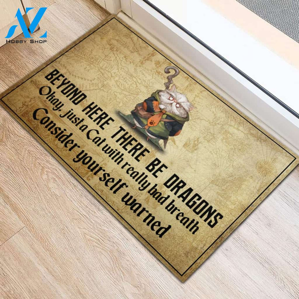 Cat Beyond Here There Be Dragons Rubber Base Doormat