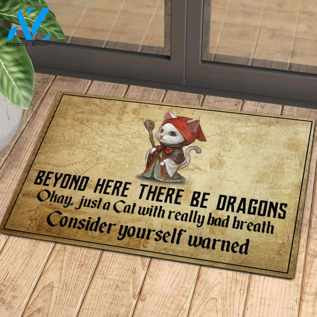 Cat Beyond Here There Be Dragons Rubber Base Doormat