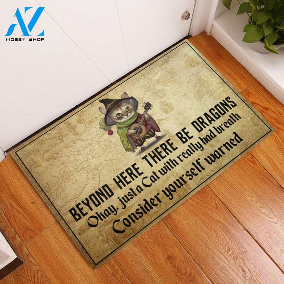 Cat Beyond Here There Be Dragons Rubber Base Doormat