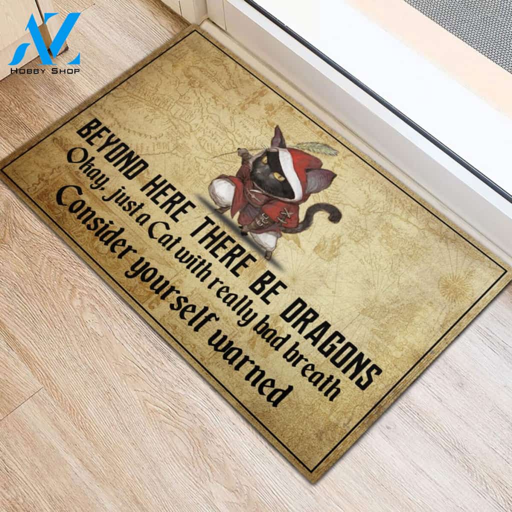 Cat Beyond Here There Be Dragons Rubber Base Doormat