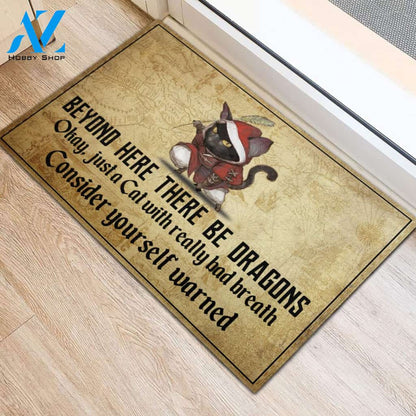 Cat Beyond Here There Be Dragons Rubber Base Doormat