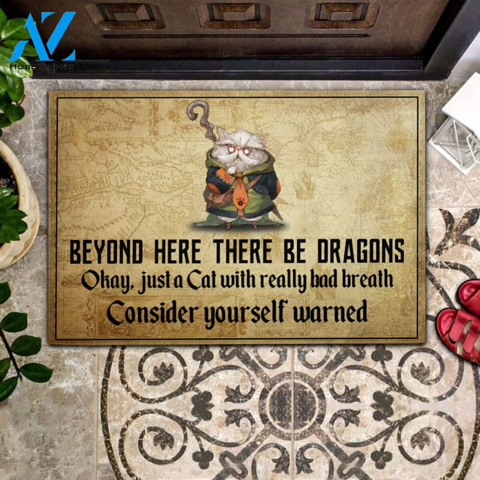 Cat Beyond Here There Be Dragons Rubber Base Doormat