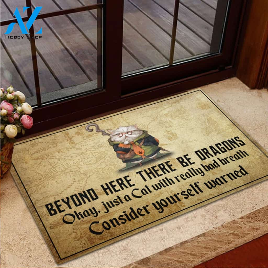 Cat Beyond Here There Be Dragons Rubber Base Doormat