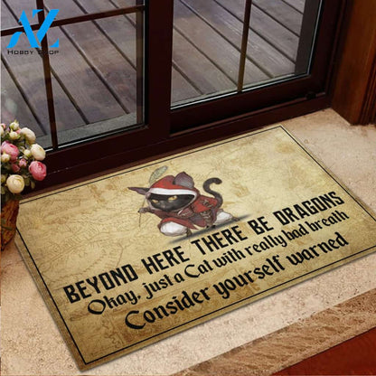 Cat Beyond Here There Be Dragons Rubber Base Doormat