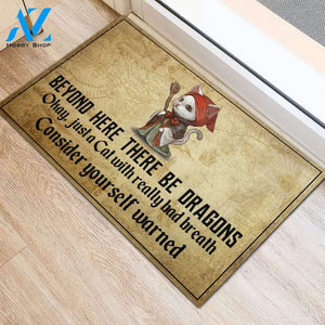 Cat Beyond Here There Be Dragons Rubber Base Doormat