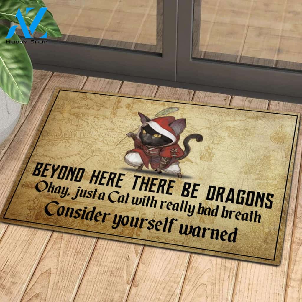 Cat Beyond Here There Be Dragons Rubber Base Doormat