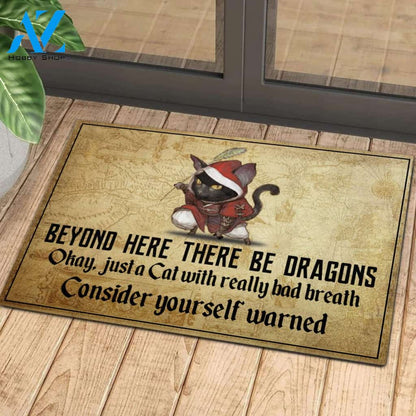Cat Beyond Here There Be Dragons Rubber Base Doormat
