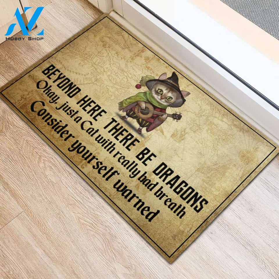 Cat Beyond Here There Be Dragons Rubber Base Doormat