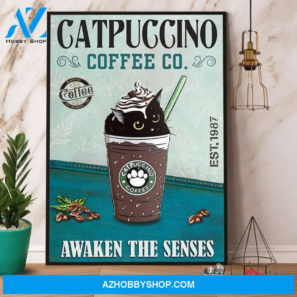Cat Catpuccino Coffee Co Awaken The Senses Canvas And Poster, Wall Decor Visual Art