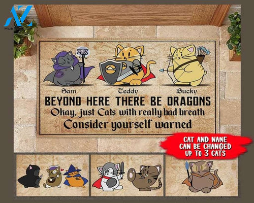 Cat Custom Doormat, Beyond Here There'll Be Dragons Cat, With Really Bad Breath DnD, Personalized Gift, Home Decor, Personalized Doormat