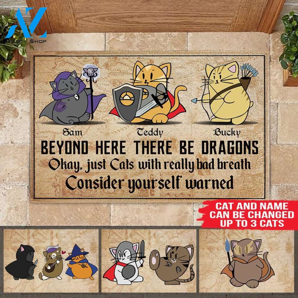 Cat Custom Doormat Beyond Here There'll Be Dragons Cat With Really Bad Breath DnD Personalized Gift | WELCOME MAT | HOUSE WARMING GIFT