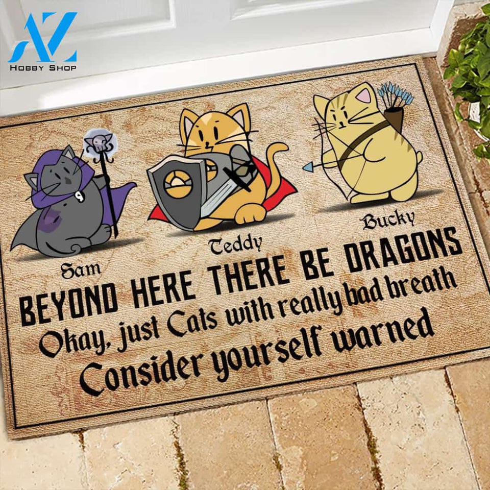Cat Custom Doormat Beyond Here There'll Be Dragons Cat With Really Bad Breath DnD Personalized Gift | WELCOME MAT | HOUSE WARMING GIFT