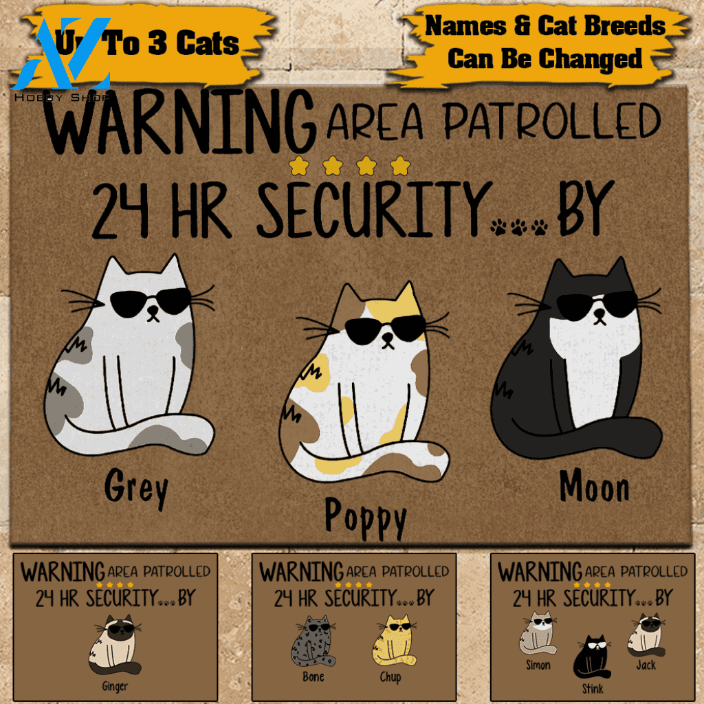 Cat Doormat Customized Name and Breed Warning Area Patrolled 24hr Security By | WELCOME MAT | HOUSE WARMING GIFT
