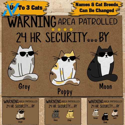 Cat Doormat Customized Name and Breed Warning Area Patrolled 24hr Security By | WELCOME MAT | HOUSE WARMING GIFT
