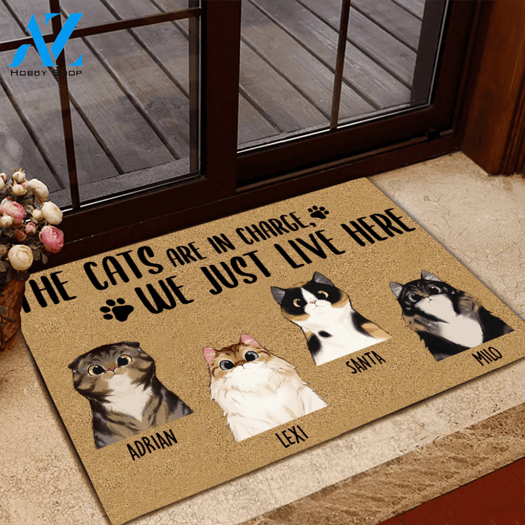 Cat Doormat Customized Names and Breeds The Cats Are In Charge We Just Live Here | WELCOME MAT | HOUSE WARMING GIFT