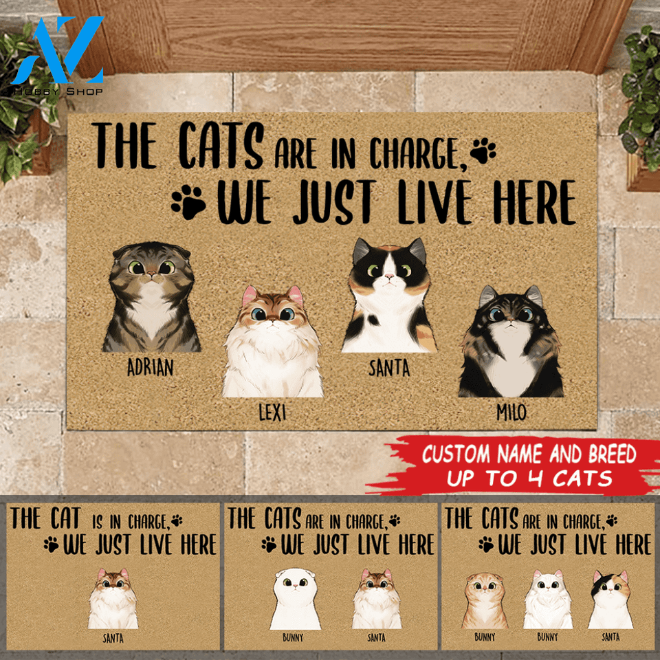 Cat Doormat Customized Names and Breeds The Cats Are In Charge We Just Live Here | WELCOME MAT | HOUSE WARMING GIFT