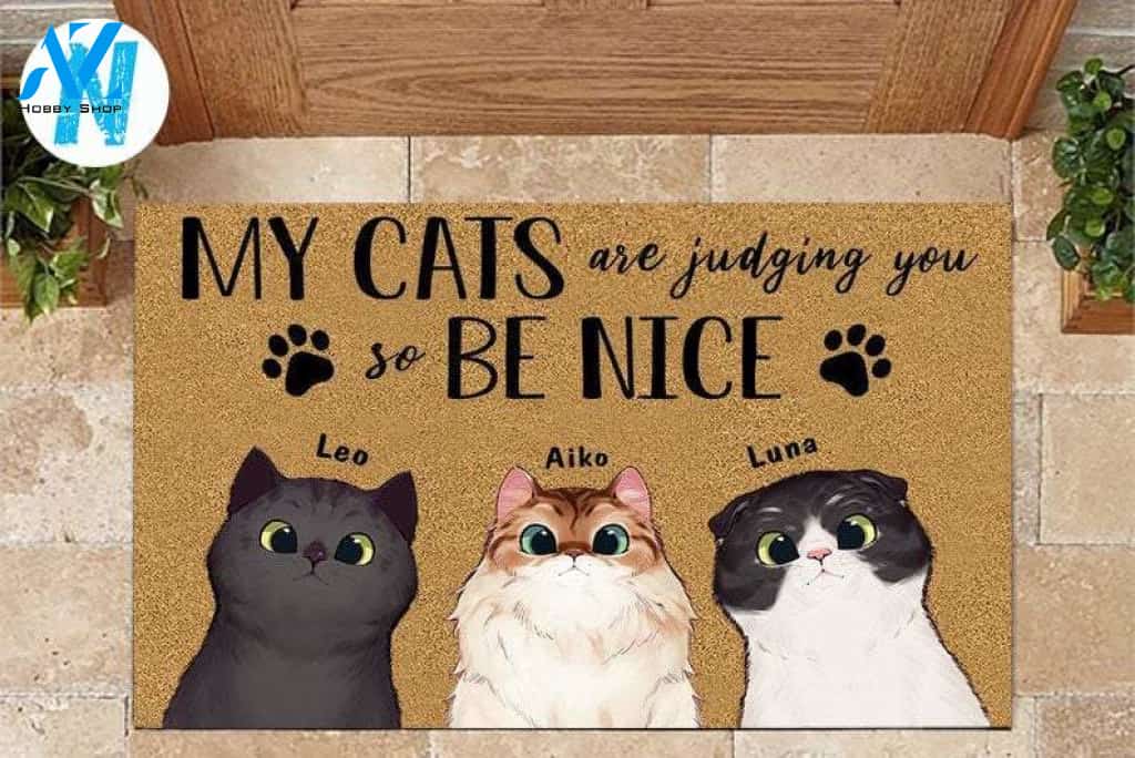 Cat Doormat Personalized Name And Breed My Cat Is Judging You So Be Nice, Cat Lovers Gift, Custom Cat House Decor, Home Decor Accessory