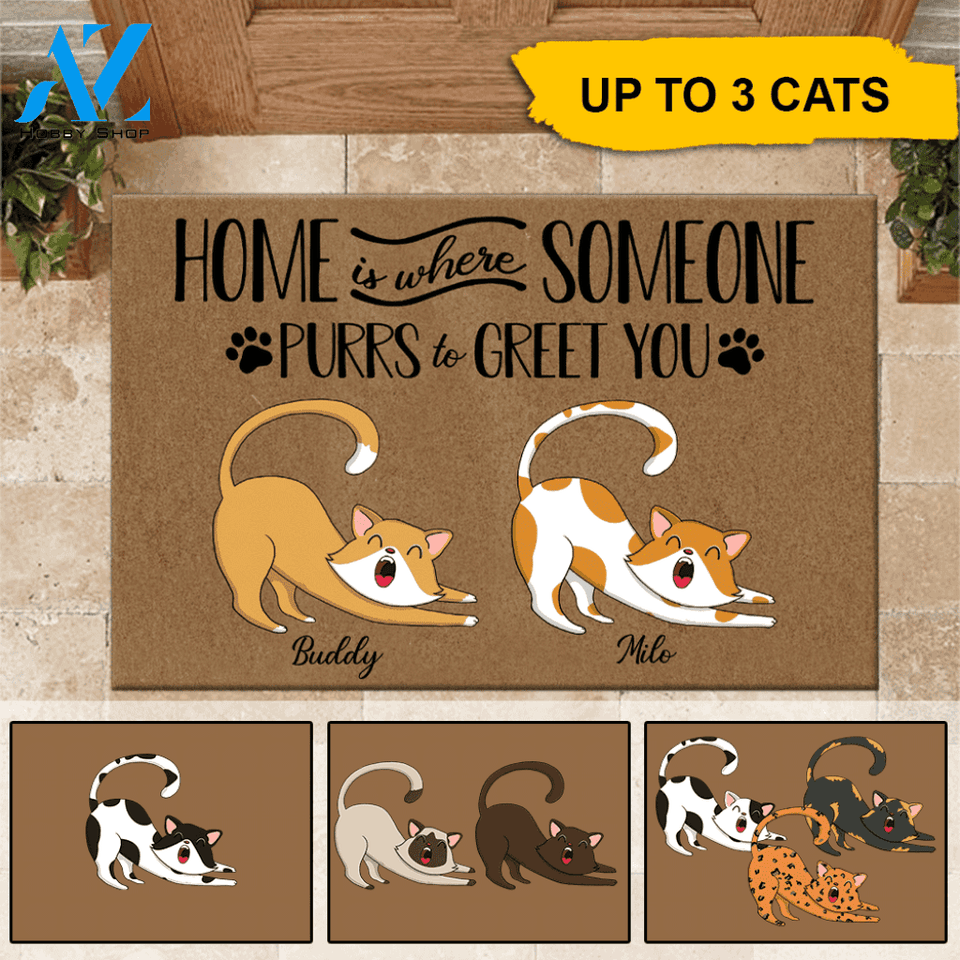 Cat Doormat Personalized Names and Breeds Home Is Where Someone Purrs To Greet You Personalized Gift | WELCOME MAT | HOUSE WARMING GIFT
