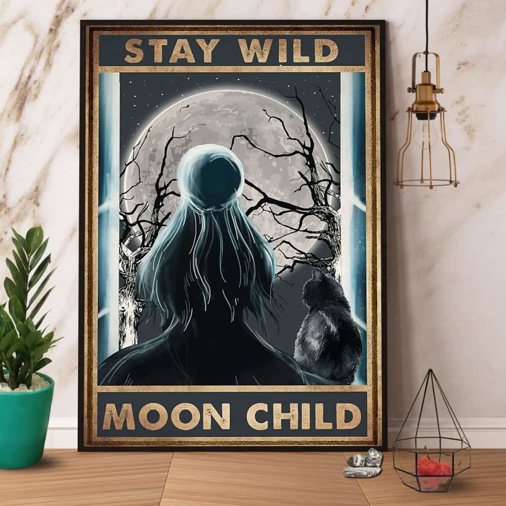 Cat & Girl Moon Stay Wild Moon Child Paper Poster No Frame Matte Canvas Wall Decor