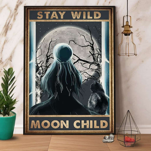 Cat & Girl Moon Stay Wild Moon Child Paper Poster No Frame Matte Canvas Wall Decor