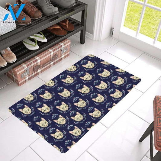 Cat Head with flower Print Pattern Rubber Doormat