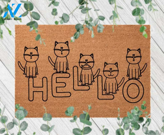 Cat Hello Outdoor Rug, Cat Lover Doormat, Cats Welcome Mat, Customized Door Mat, Farmhouse Decor, Outdoor Door Mat, Front Door Mat, Custom