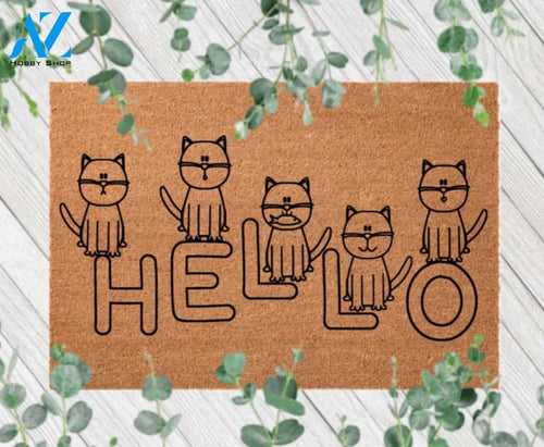 Cat Hello Outdoor Rug, Cat Lover Doormat, Cats Welcome Mat, Customized Door Mat, Farmhouse Decor, Outdoor Door Mat, Front Door Mat, Custom