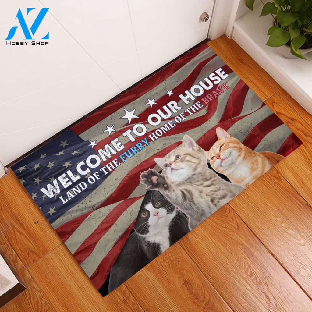 Cat Land of the furry home of the brave Independence Day Rubber Base Doormat | Welcome Mat | House Warming Gift