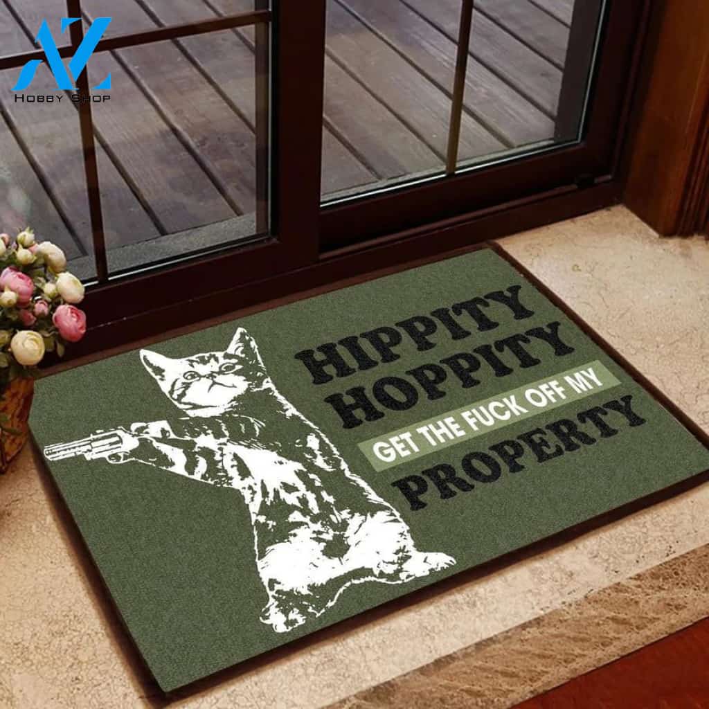Cat Lovers Hippity Hoppity Get The Fuck Off My Property Easy Clean Welcome DoorMat | Felt And Rubber | 40x60 cm | 45x75 cm | 60x90 cm | Colorful | DO1483
