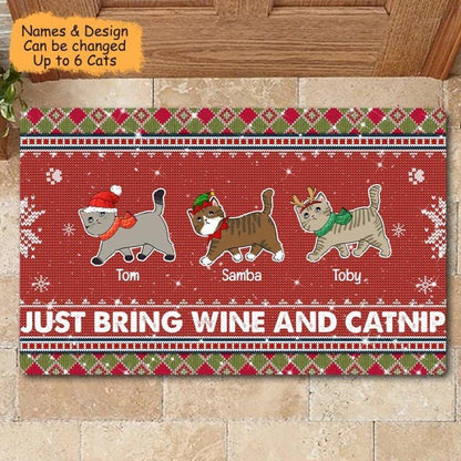Cat Mom Just Bring Wine And Catnip Personalized Christmas Doormat